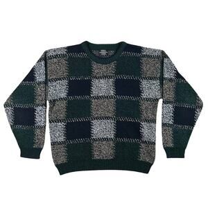 Vintage 90s Expressions Knit Sweater Mens Large Green Blue Pullover Crewneck